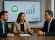 Ejecutivos analizando la estrategia de cobro por mensaje WhatsApp con proyección de crecimiento en pantalla.