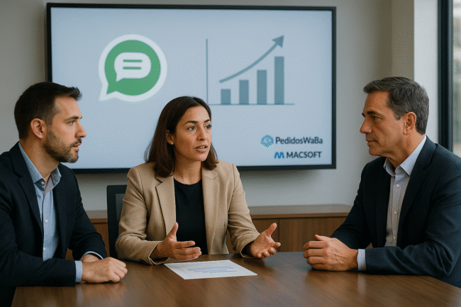 Ejecutivos analizando la estrategia de cobro por mensaje WhatsApp con proyección de crecimiento en pantalla.