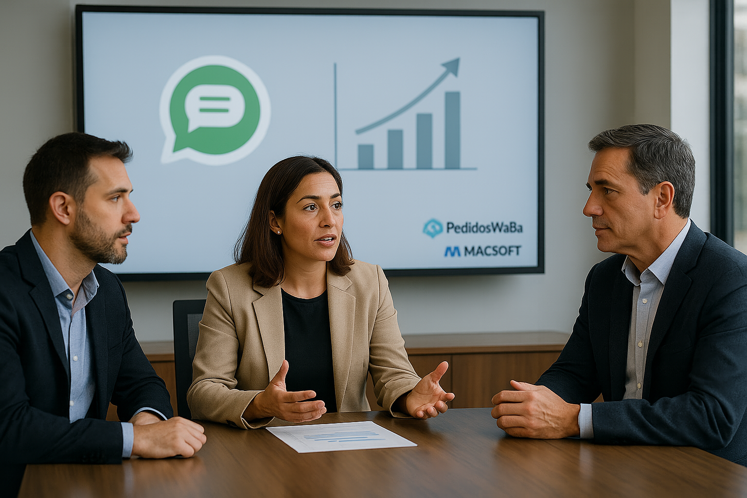 Ejecutivos analizando la estrategia de cobro por mensaje WhatsApp con proyección de crecimiento en pantalla.