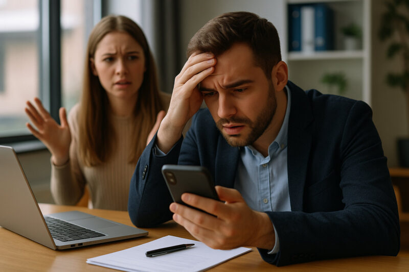 Empresario revisando cuenta bloqueada WhatsApp Business