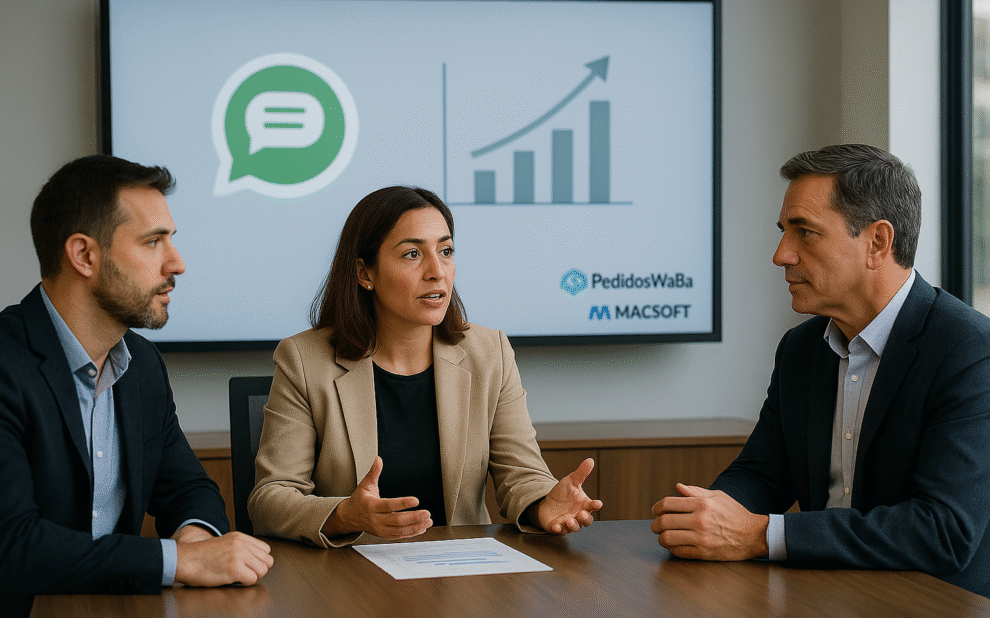 Blog-WhatsApp_Business_API-Pricing-2025 Ejecutivos analizando la estrategia de cobro por mensaje WhatsApp con proyección de crecimiento en pantalla.